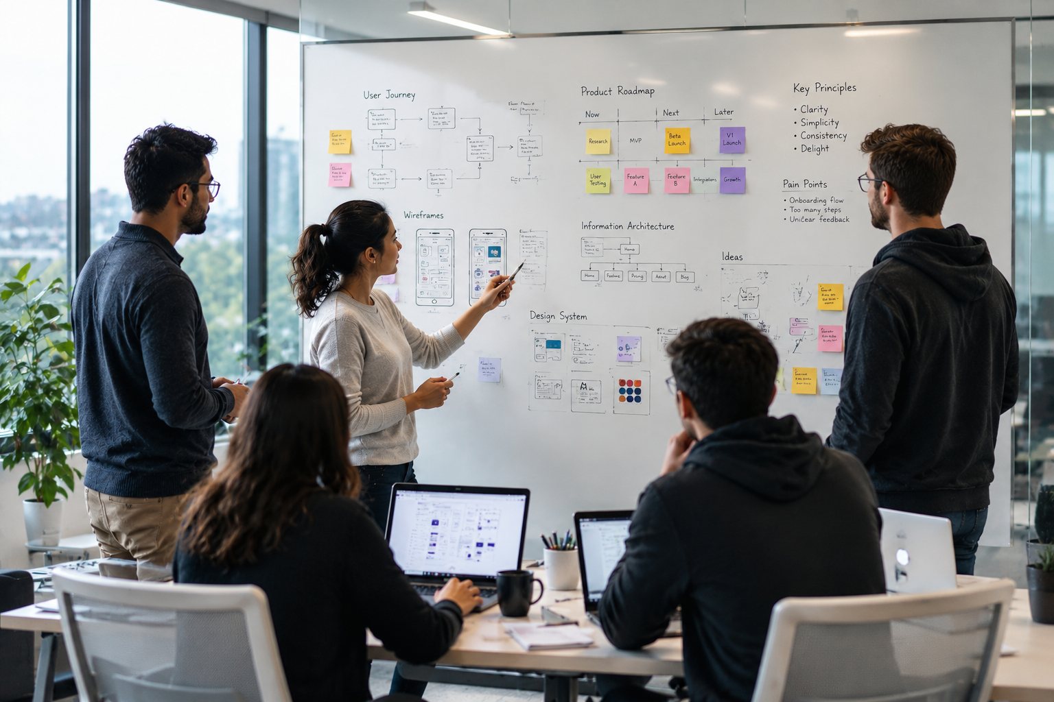 The OatsTech team mapping out a product roadmap together on a whiteboard